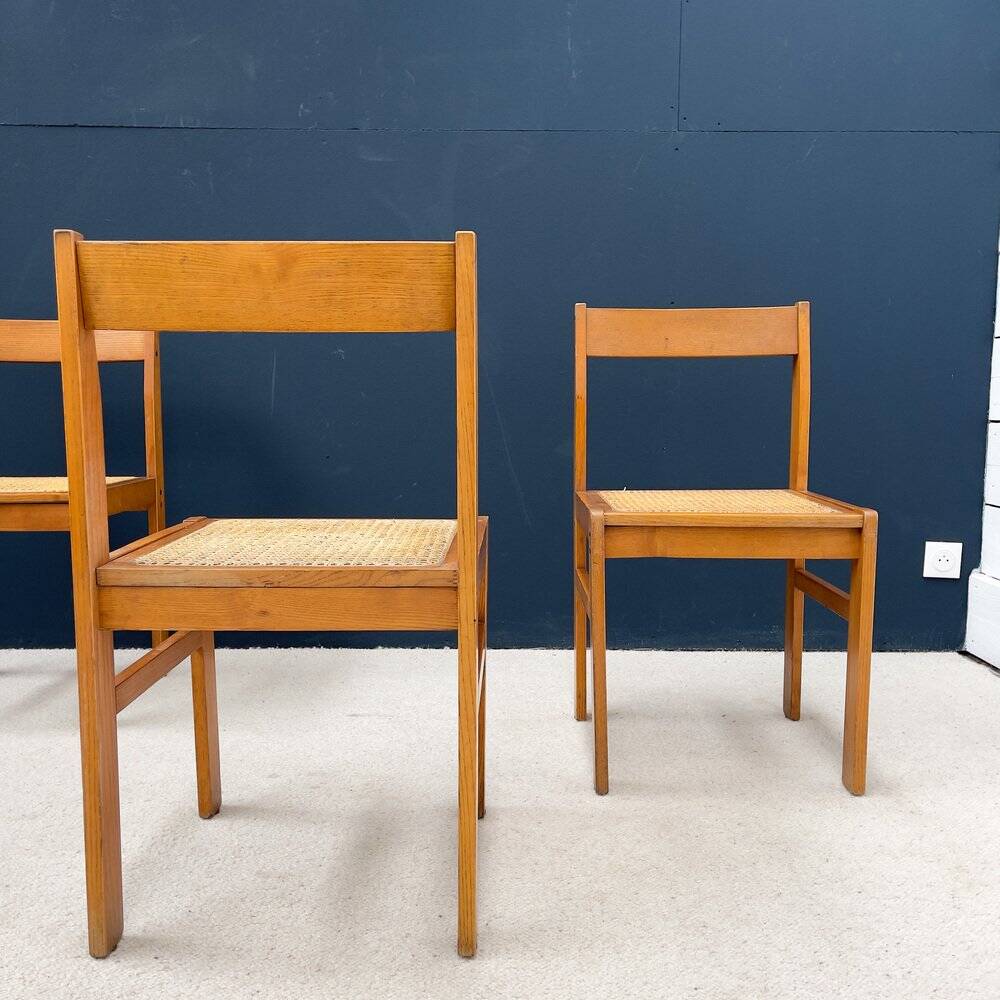Chaises en frêne et en osier, 1950, ensemble de 4