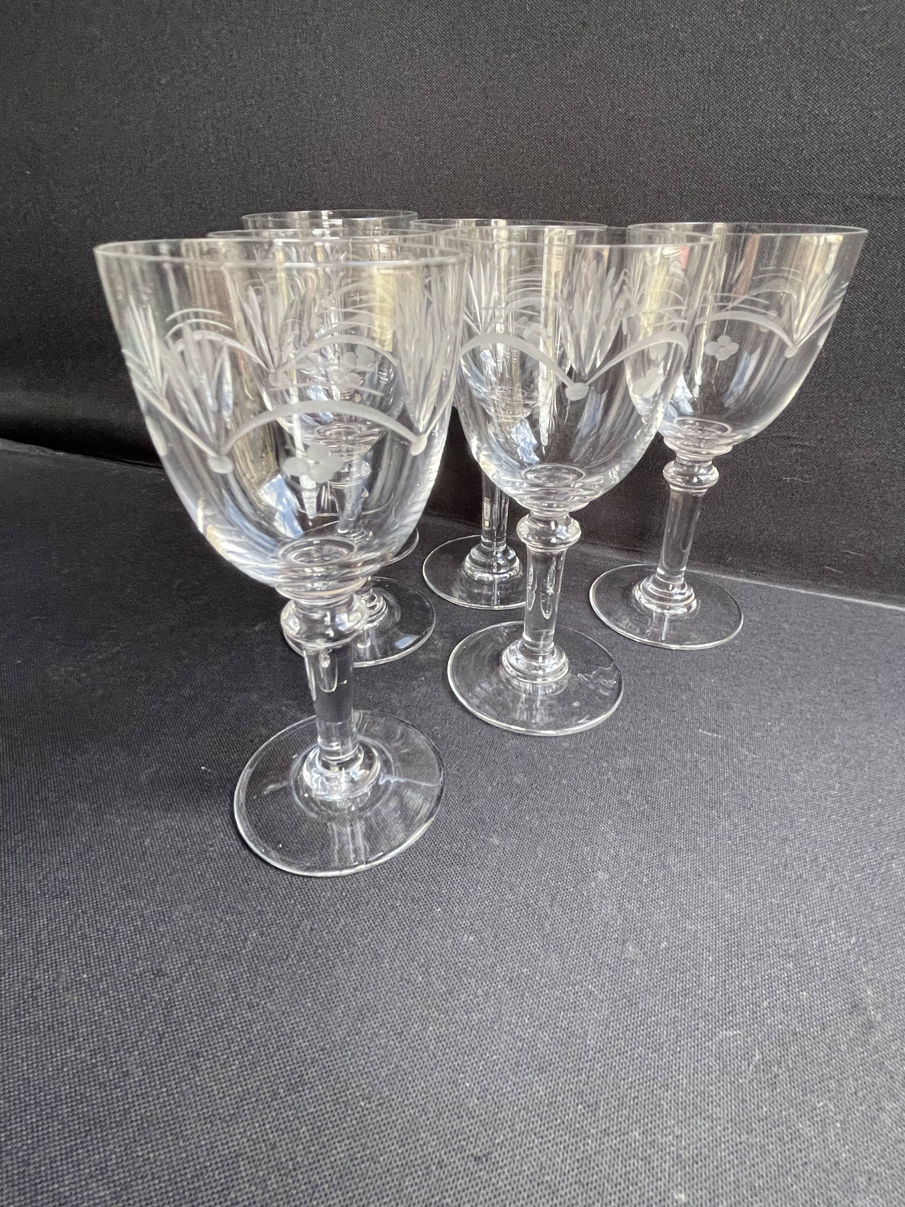 6 White wine or port glasses in blown, cut and engraved crystal