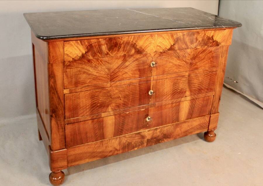 Restoration period commode with walnut burl, marble top.