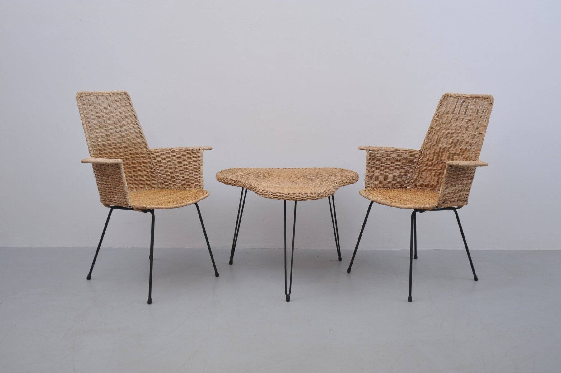 Vintage rattan chairs with table, 1950s, set of 3