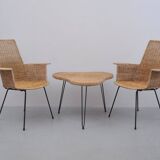 Vintage rattan chairs with table, 1950s, set of 3