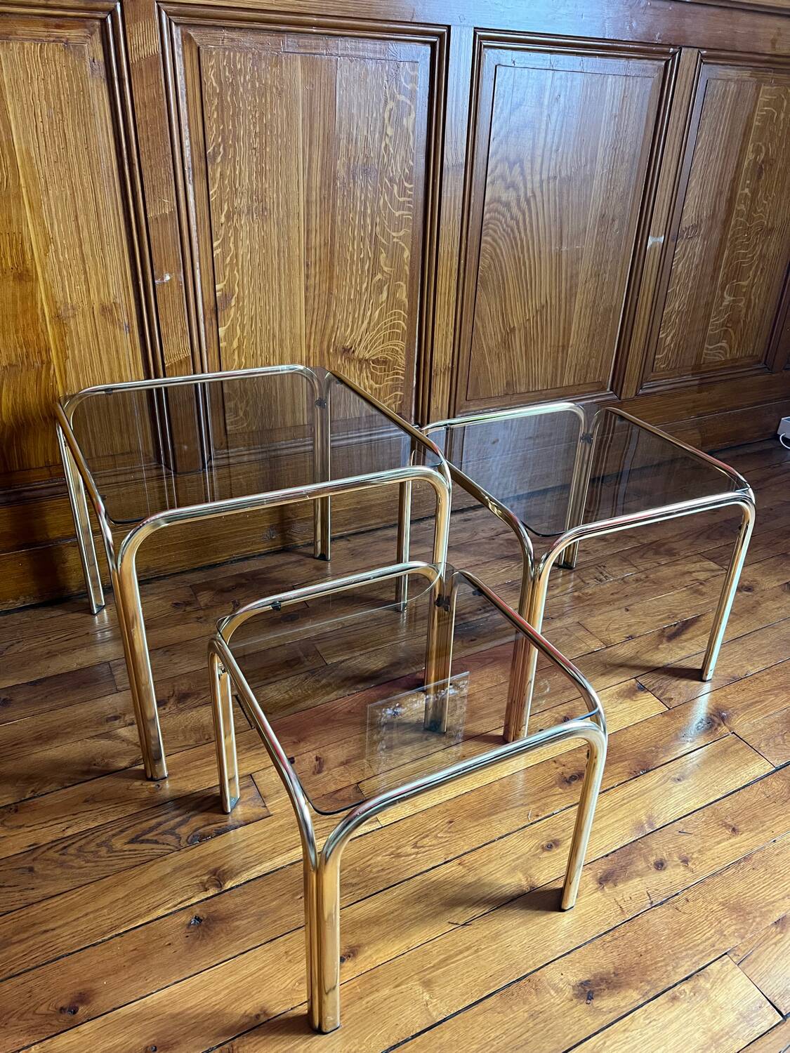 Set of 3 square nesting tables 1970 brown smoked glass