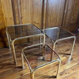Set of 3 square nesting tables 1970 brown smoked glass