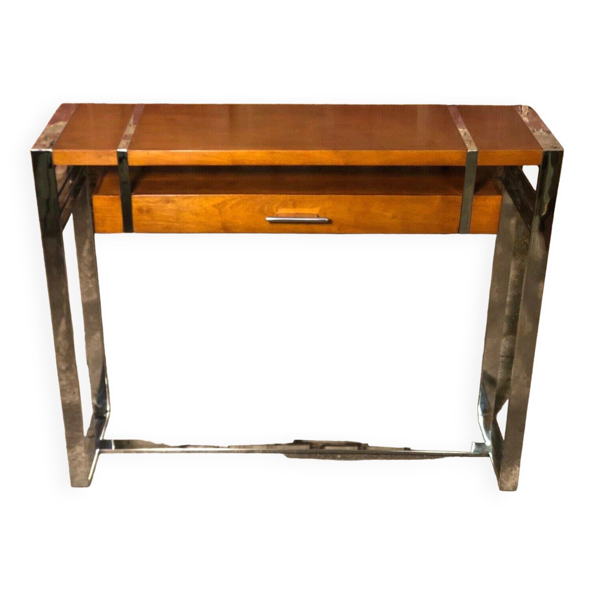 Art Deco style console in dark walnut rubber tree and chrome foot