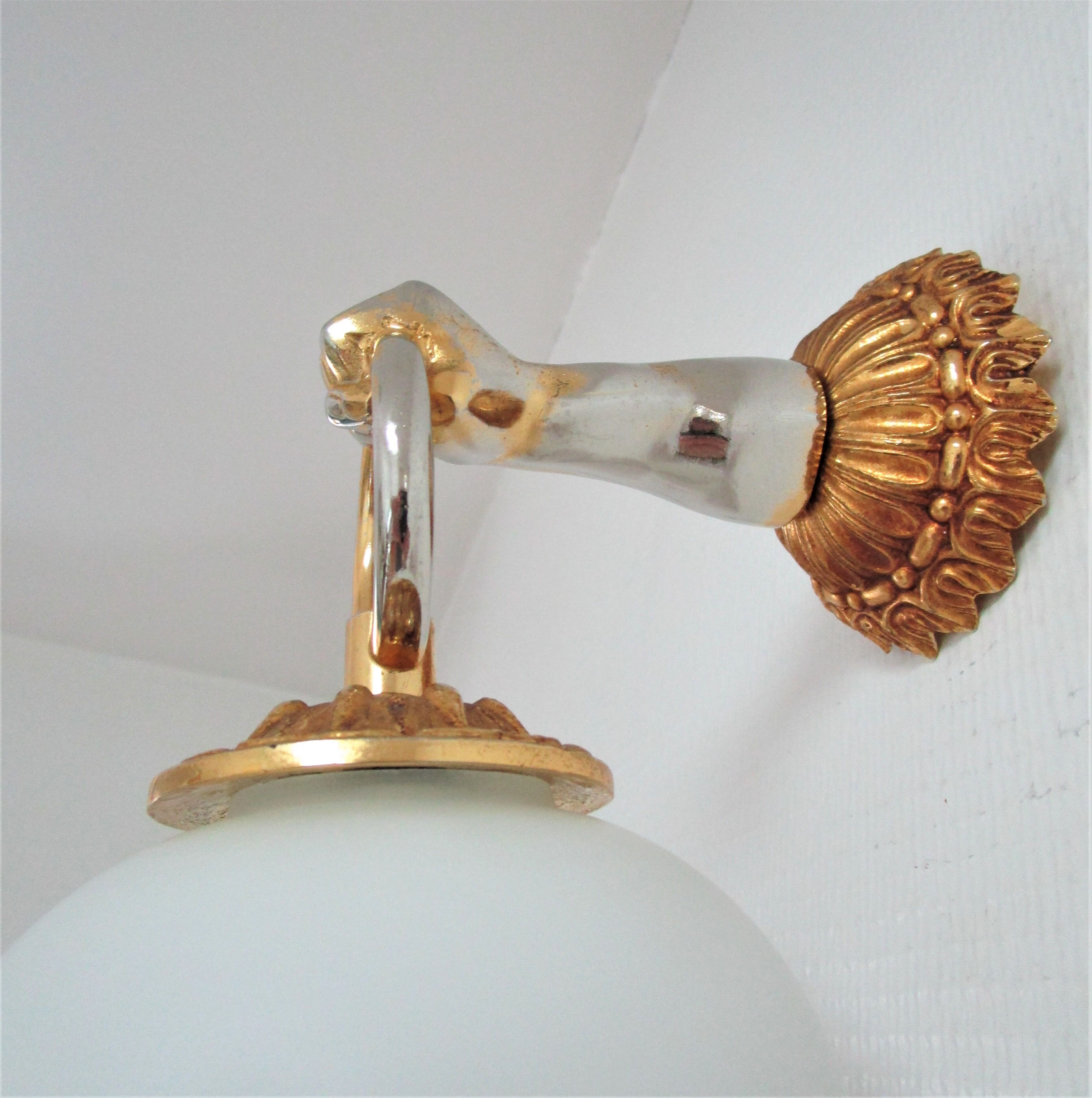 Hand sconce golden metal patinated opaline vintage