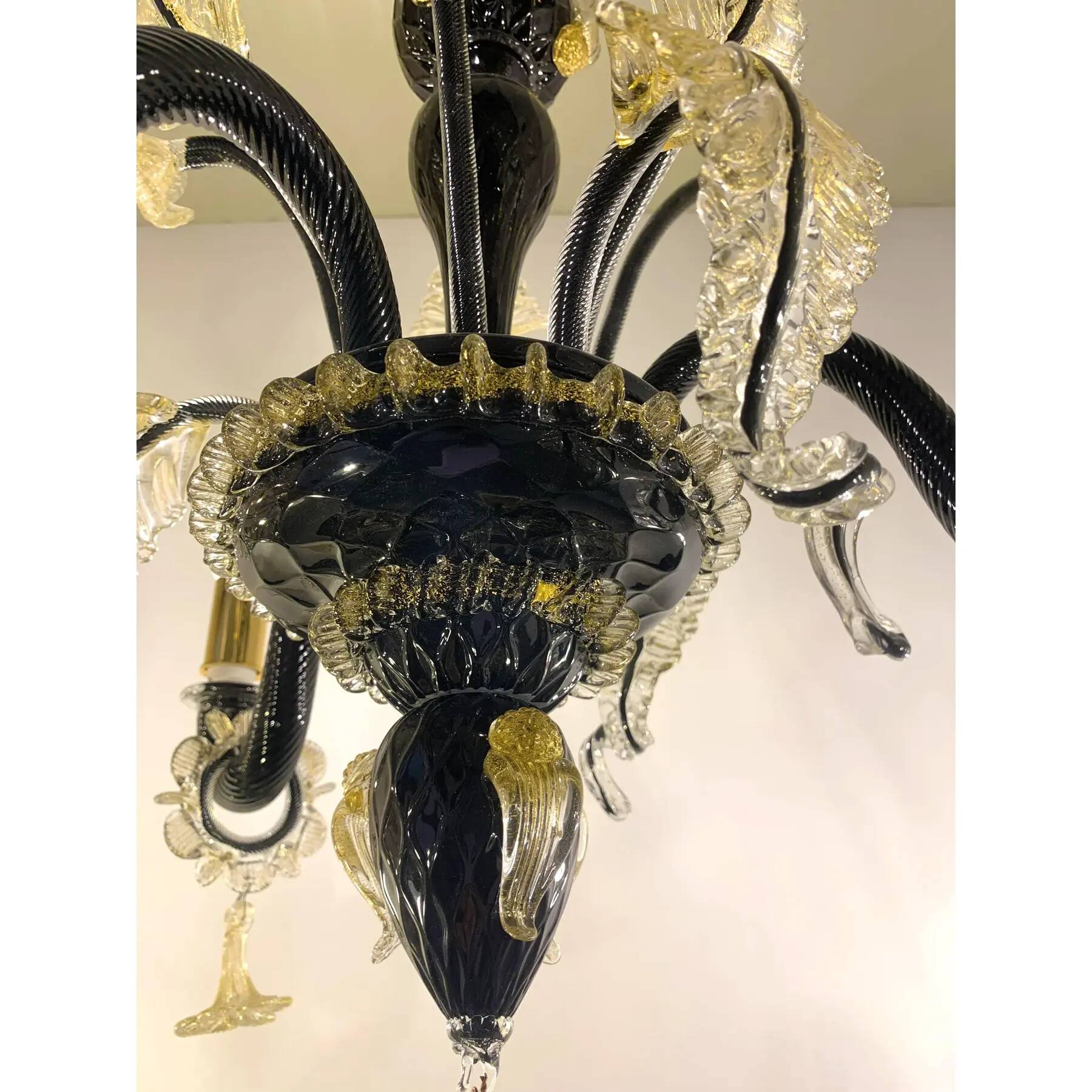 Black and Gold Murano-Style Venetian Glass Chandelier with Floral and Leaf Design