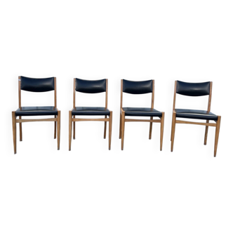 Ensemble de 4 chaises scandinaves en bois clair et skaï noir – vintage