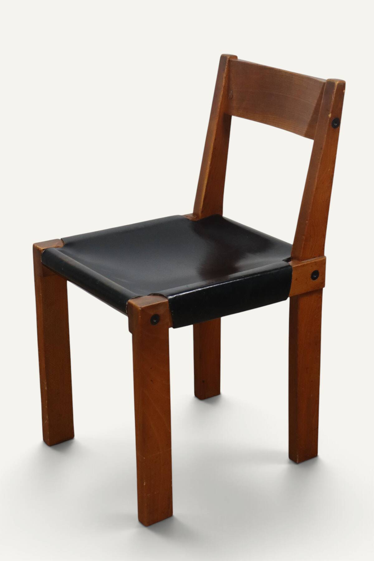 Chair S24 by Pierre Chapo – Solid elm and black leather – 1970