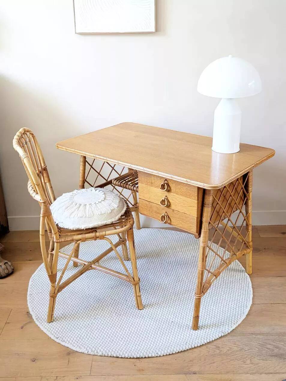 Vintage wood and rattan desk by L. Sognot