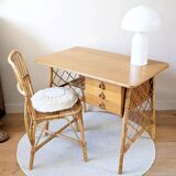 Vintage wood and rattan desk by L. Sognot