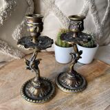 Old German bronze candle holders signed initial LR rocaille style XIXth vintage gilded