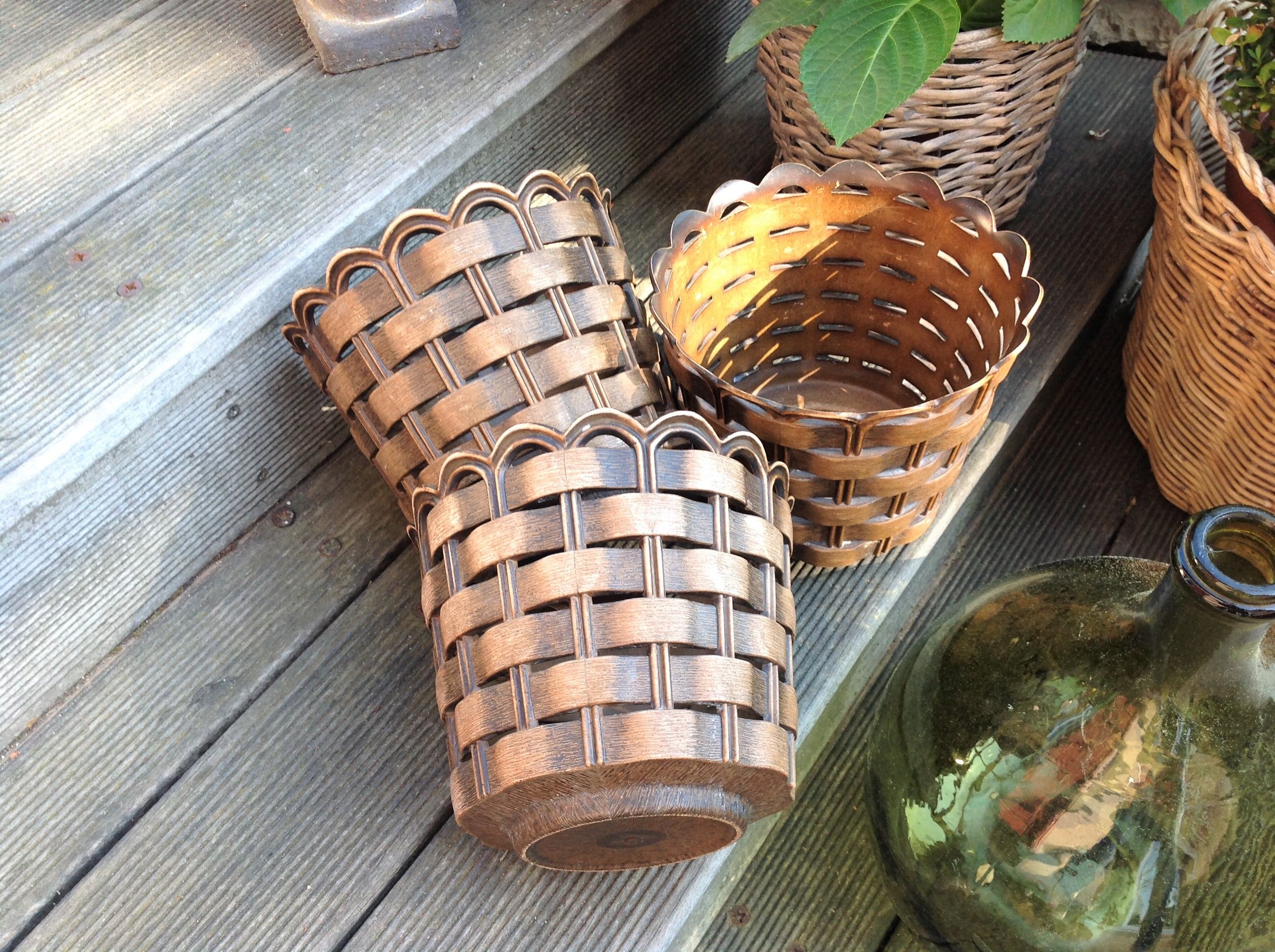 Suite of three cache pots imitation wicker braided by Emsa / vintage 60s-70s