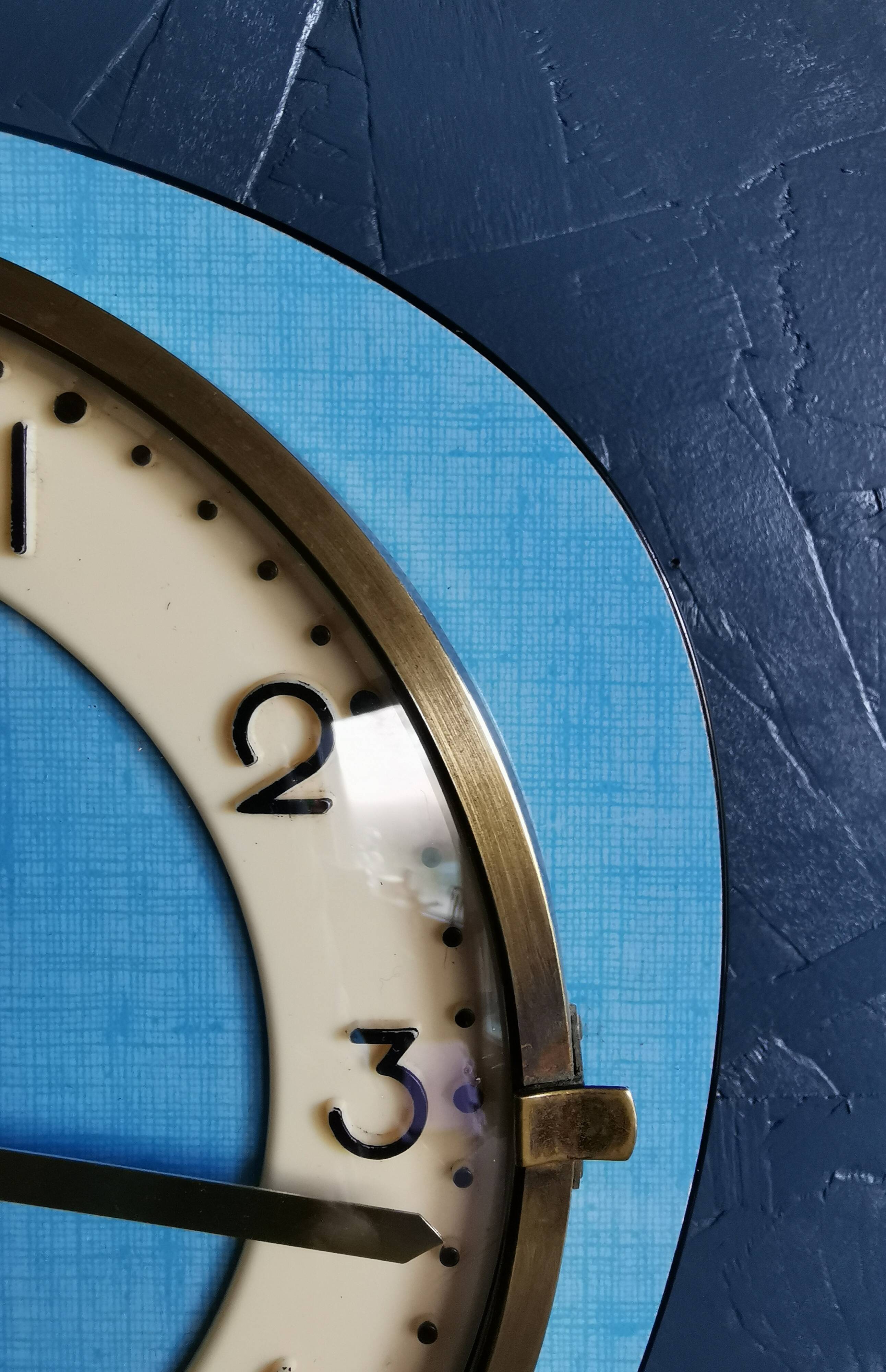 Vintage formica clock asymmetrical silent wall clock "GC celestial blue"