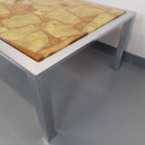 Large vintage coffee table in chrome metal, yellow onyx stone and resin from the 70s