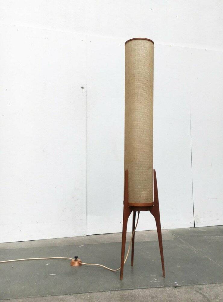 Mid-century tripod rocket floor lamp in teak, 1960s.
