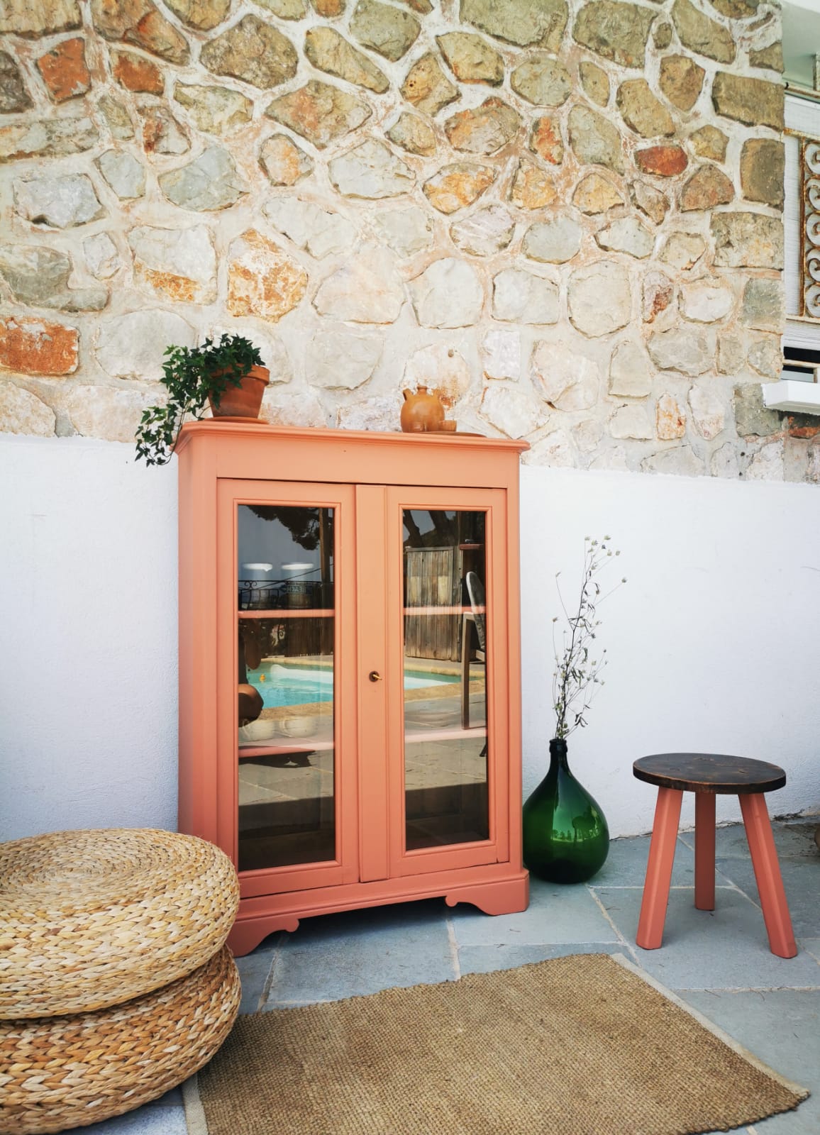 Antique showcase, cupboard, glass cabinet, wood and terracotta, Parisian format