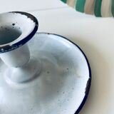 Antique candle holder in white and blue enamelled metal