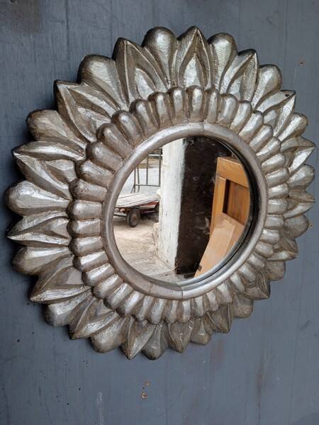 Carved wood sun mirror 40cm silver ep 1960