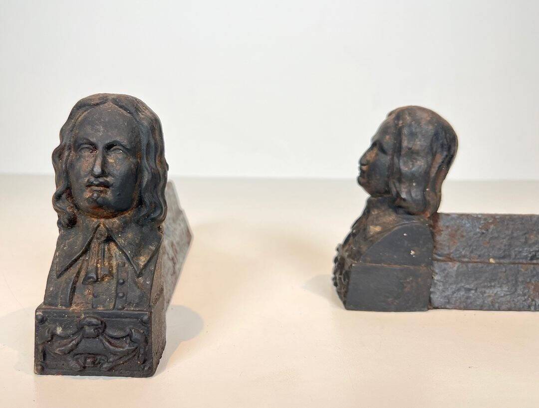 Pair of Cast Iron Andirons in the Likeness of Beethoven. France. Circa 1900.