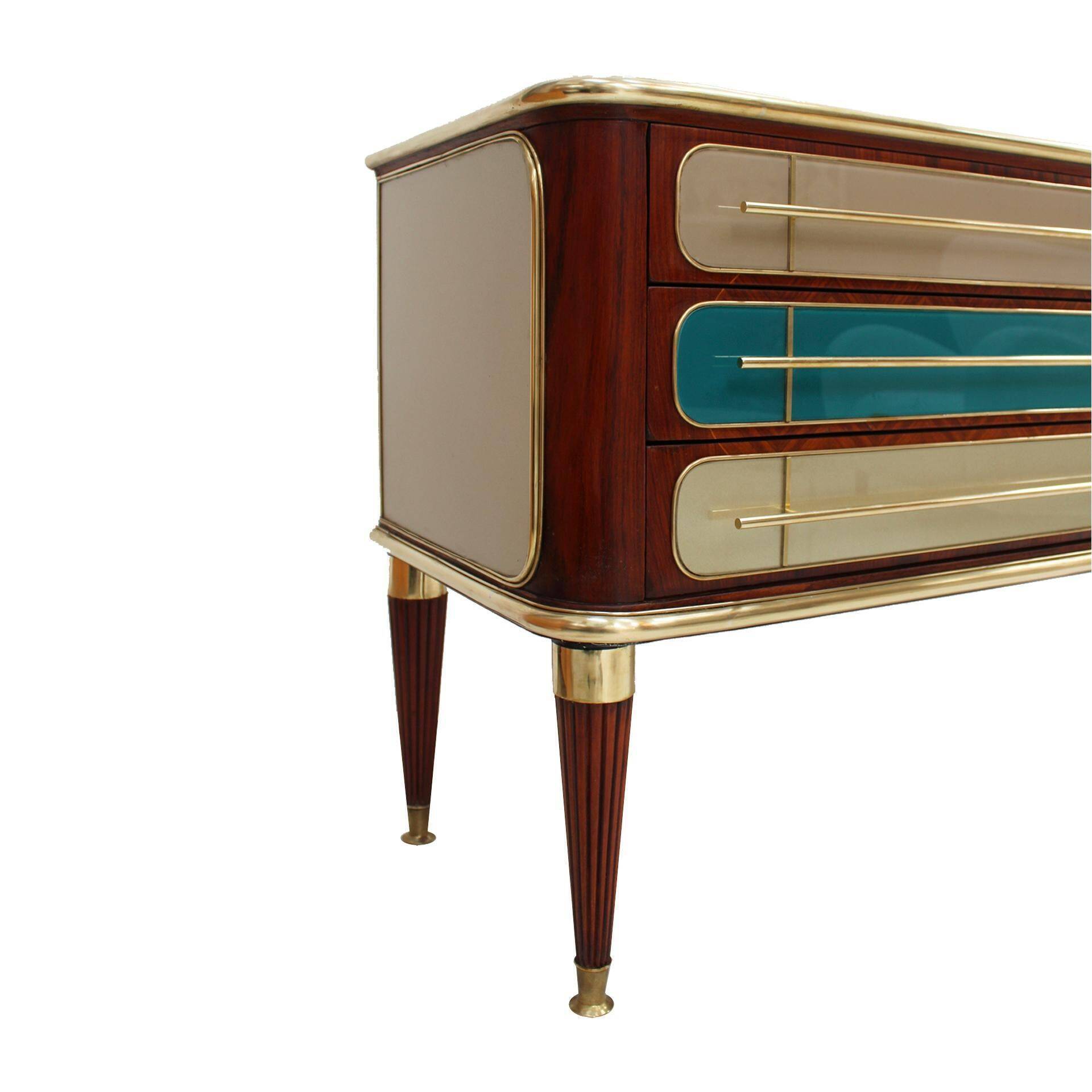 Mid Century Modern Italian Sideboard Wood and Colored Glass. 1950s