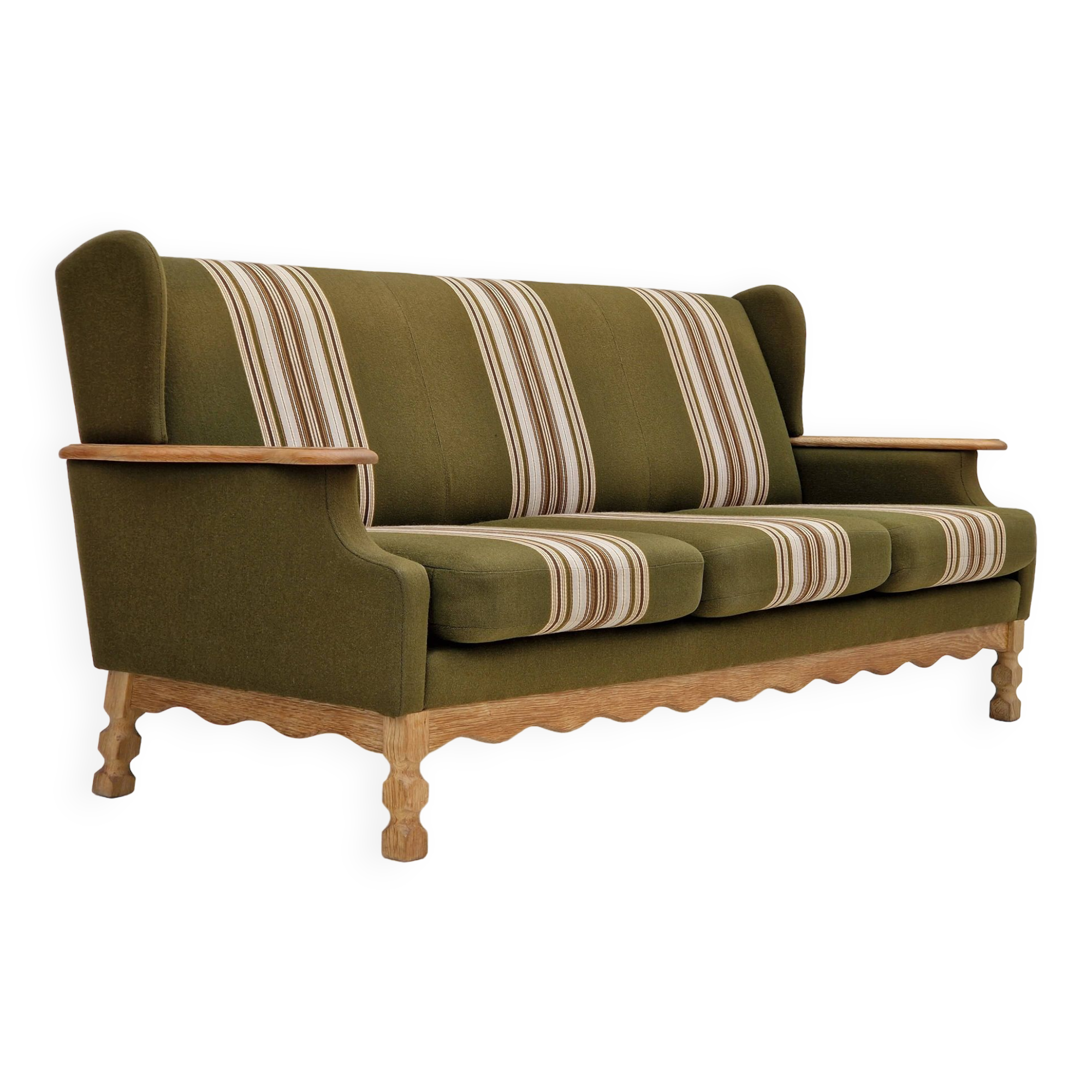 1970s, Danish vintage 3 seater, green fabric, oak wood, original condition.