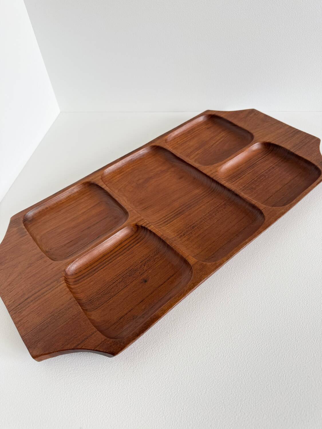 Vintage teak serving tray from the 1950s with compartments.