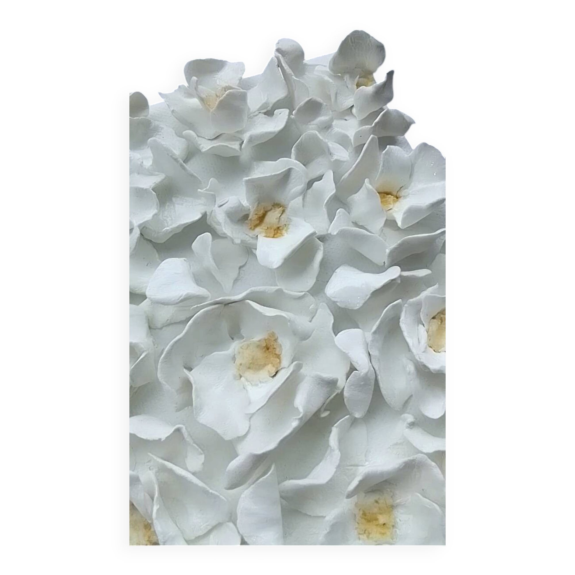 Art mural 3D flower sculpture in clay on handmade canvas.