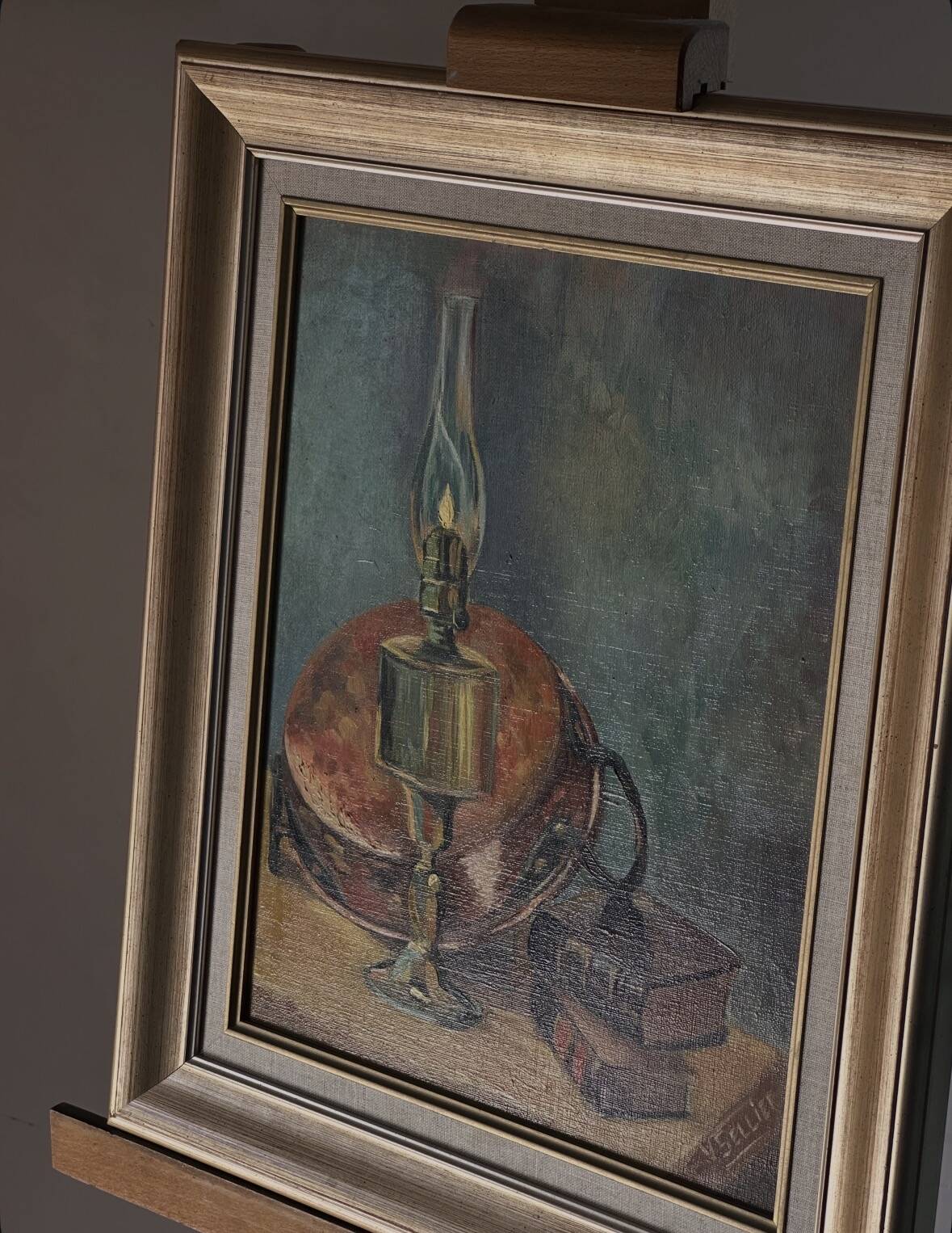 Framed oil on canvas – Still life with lamp, Yvonne Sellier
