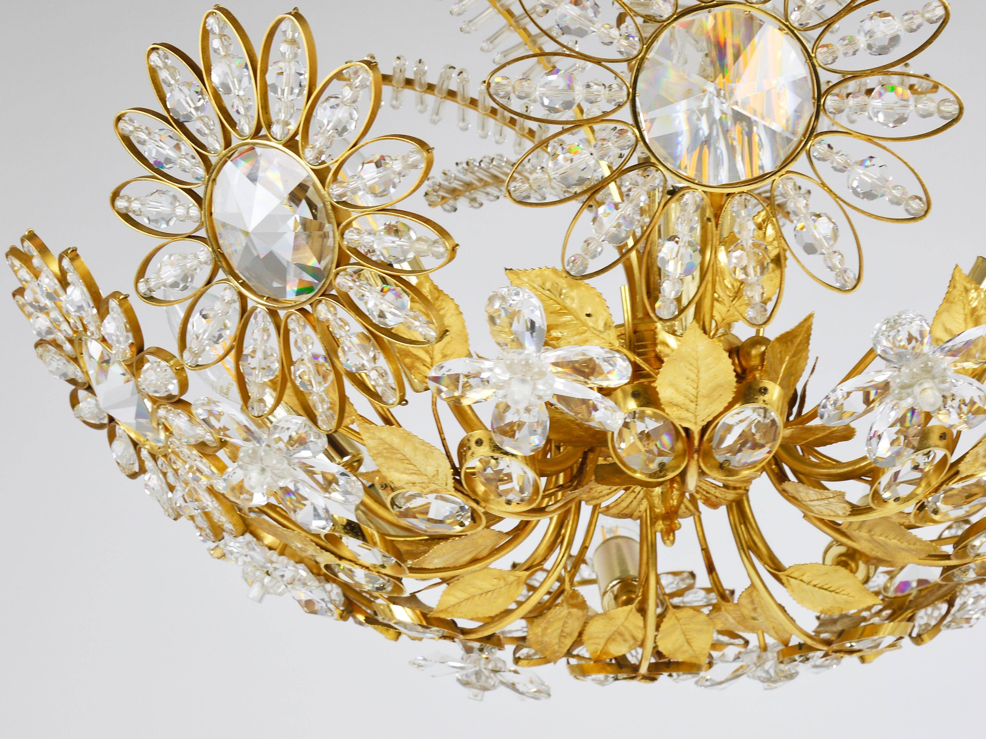 Ernst Palme Grand Chandelier Palm Tree Flower Palwa, Gilded Brass, Crystals, 1970s
