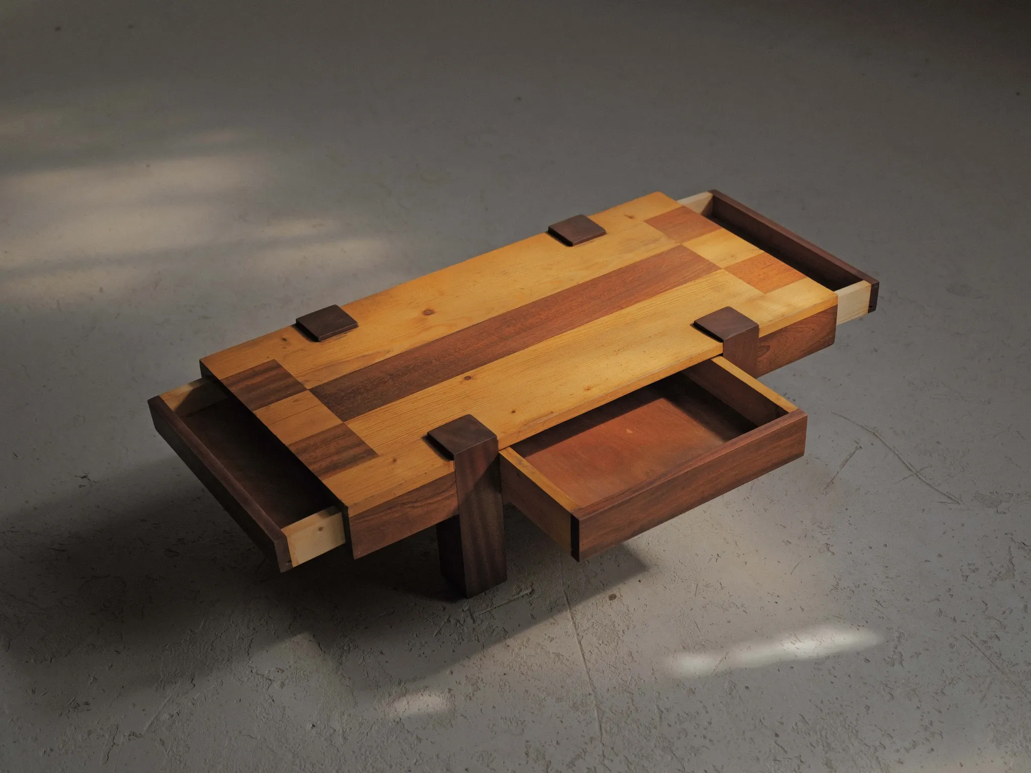 Table basse artisanale à plateau graphique, vers 1980
