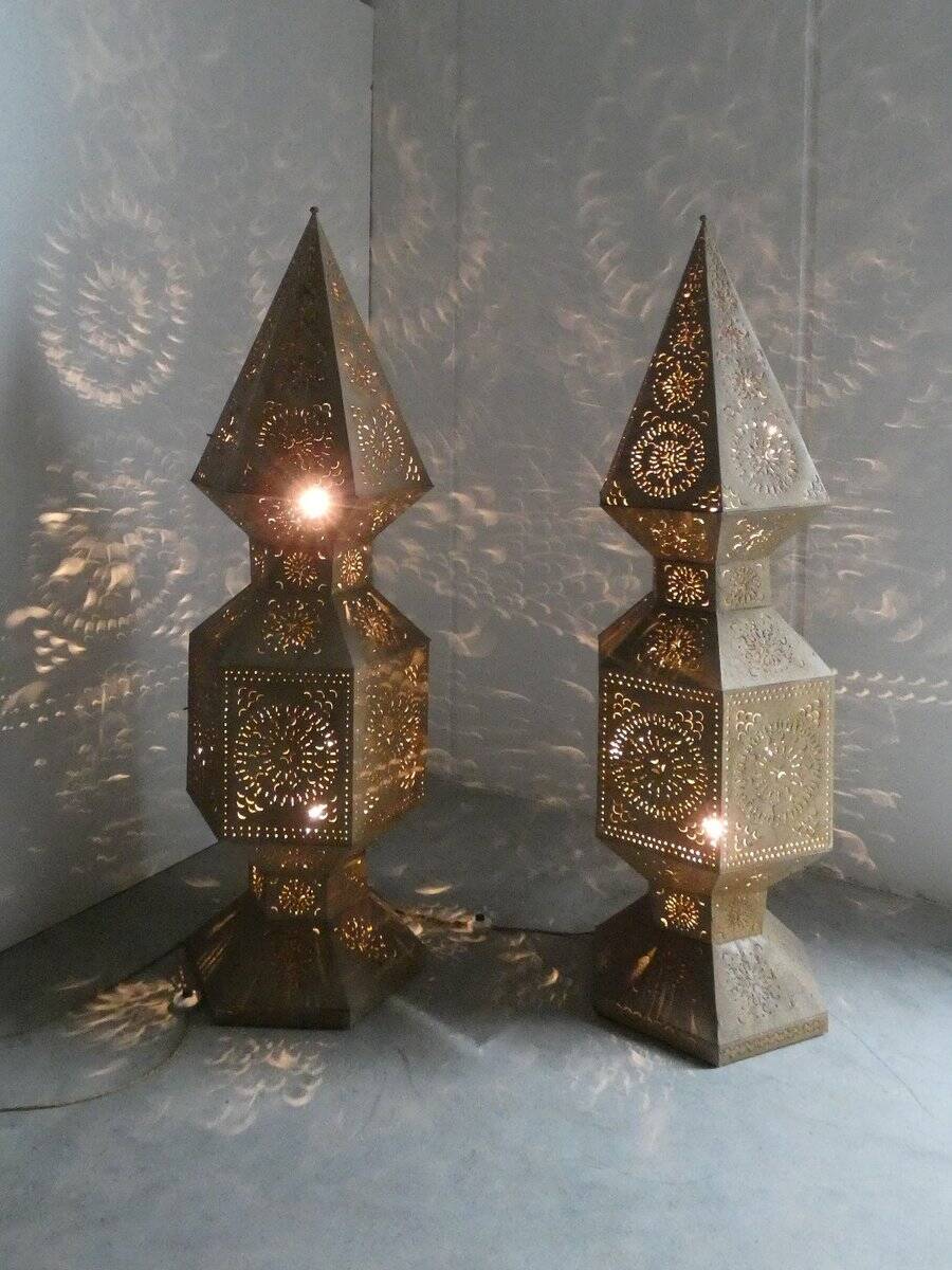 Large openwork metal floor lamps, Morocco, 1980s, set of 2