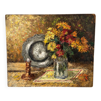 Bouquet with tray and candlestick, knife technique on wood panel.