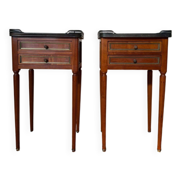 Pair of bedside tables – Louis XVI style – Cherry wood, Carrara marble,