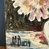 Huile sur carton par J.P. Ducas Ducos nature morte aux fleurs XXe