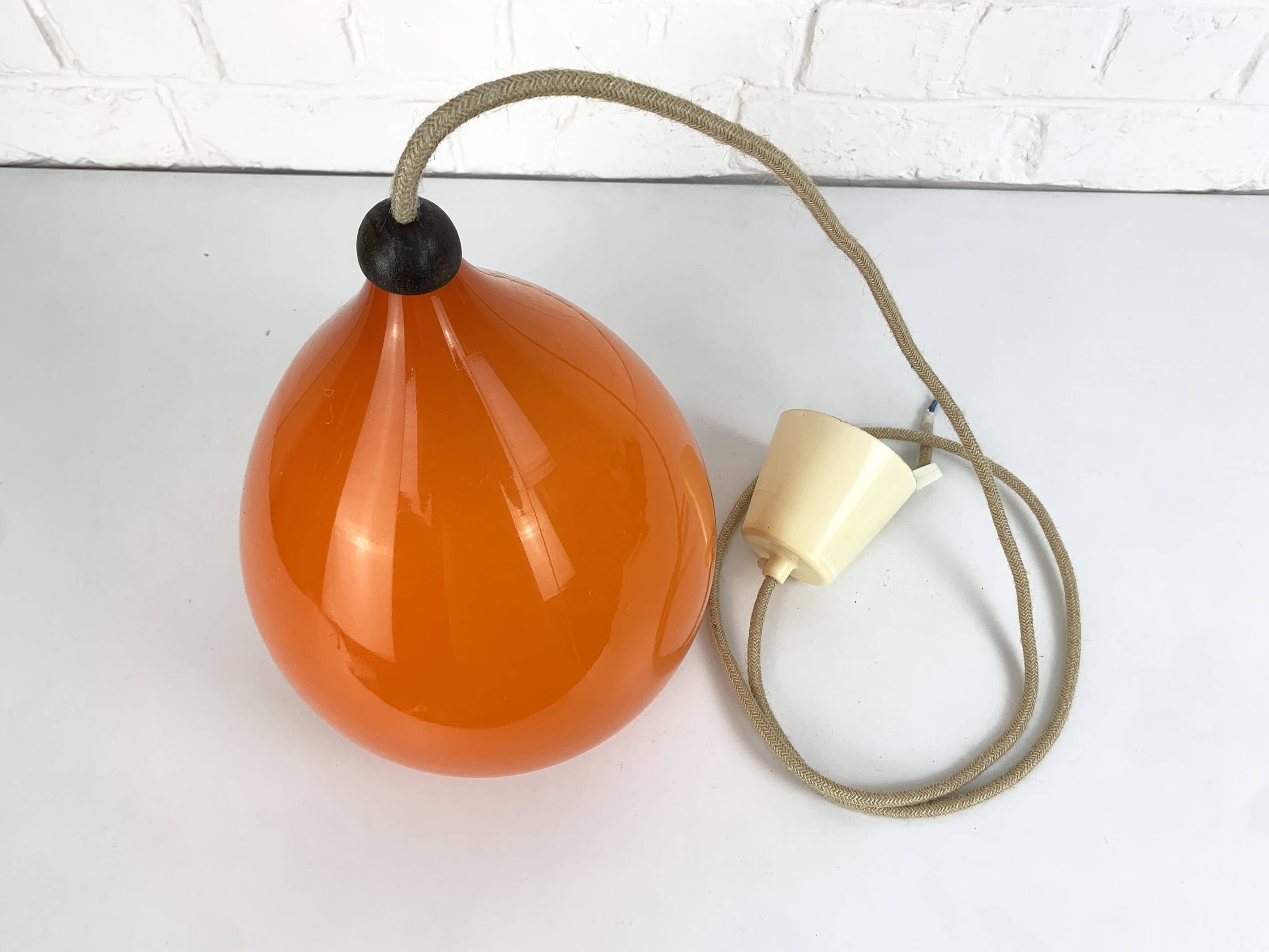 Scandinavian drop pendant light in orange, opaline and teak glass, 1960