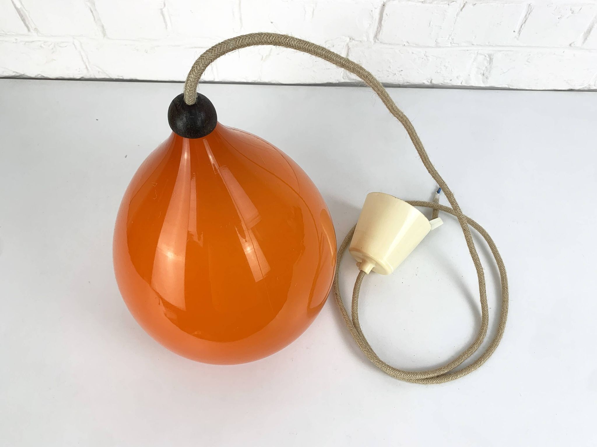 Scandinavian drop pendant light in orange, opaline and teak glass, 1960