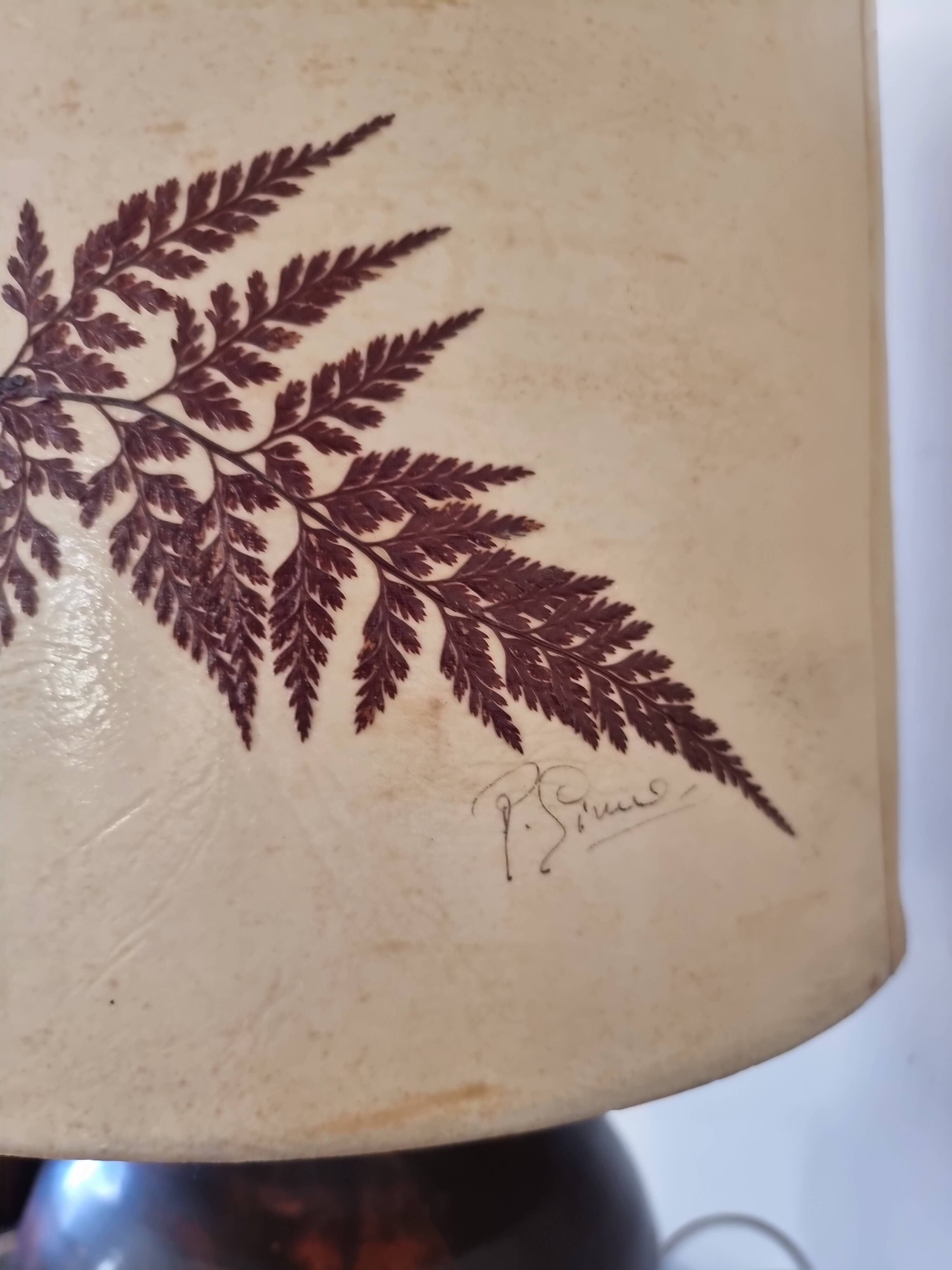 Lampe vintage, abat-jour herbier pied en grès marron