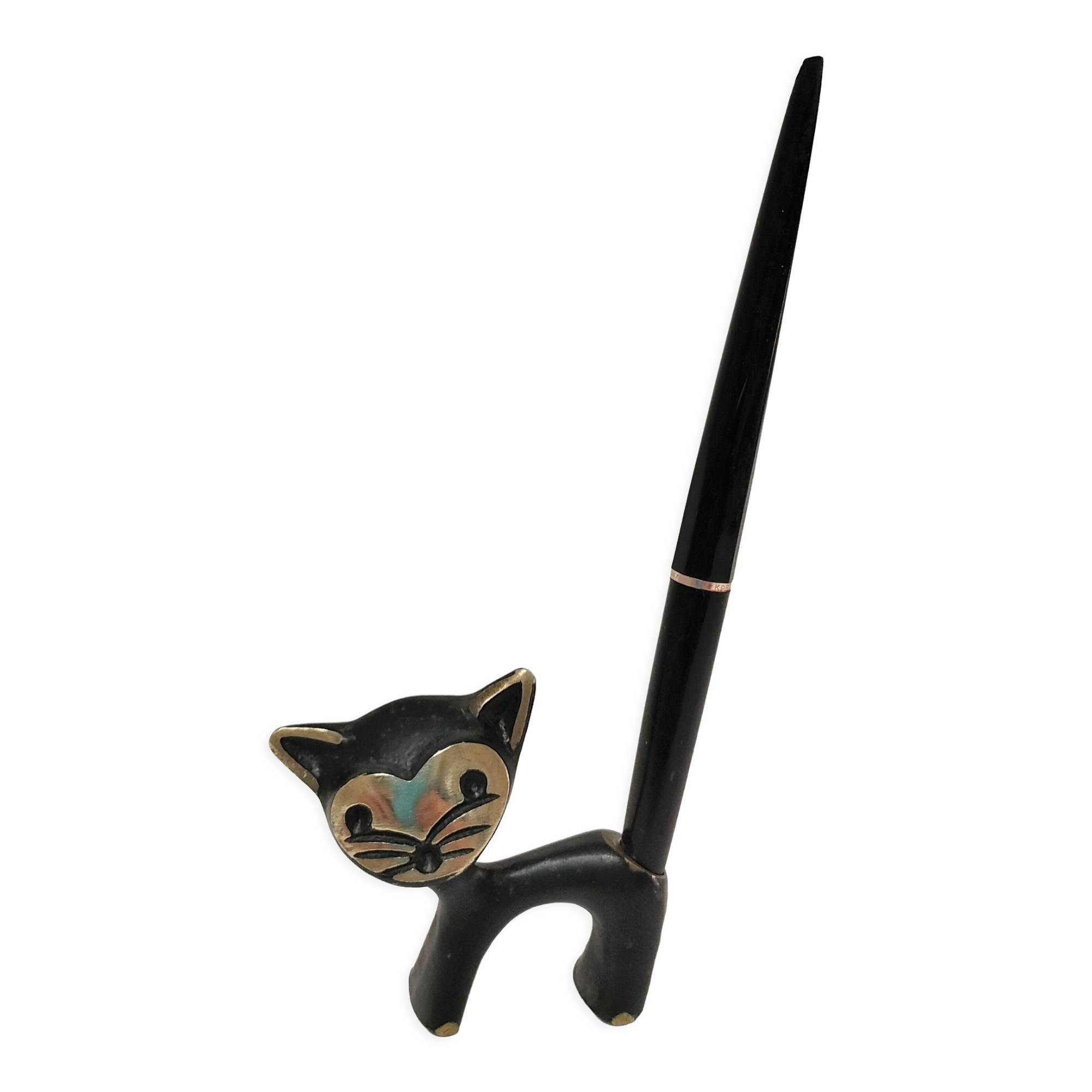 Porte stylo zoomorphe chat bronze patine noir design vintage
