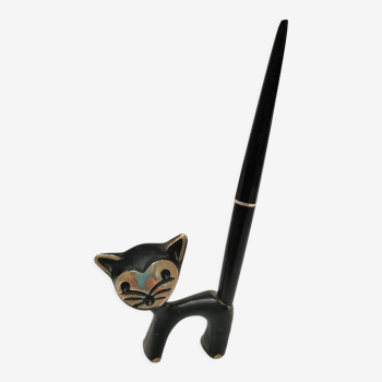 Porte stylo zoomorphe chat bronze patine noir design vintage