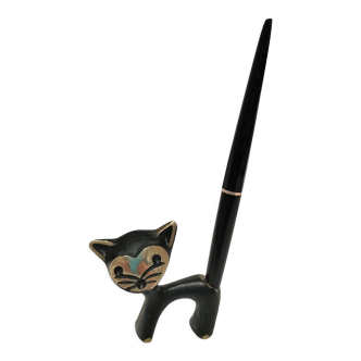 Holder pen zoomorph cat bronze patina black vintage design