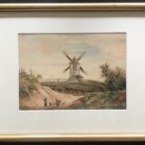Landscape with mill and herd, watercolor