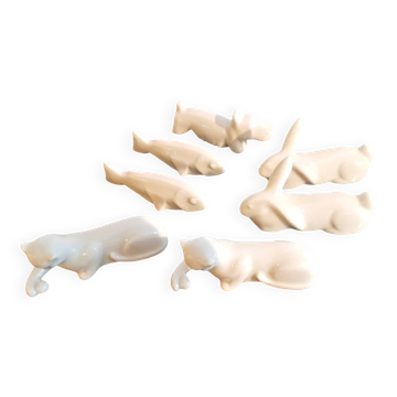 Ensemble 7 porte-couteaux porcelaine animaux, chien, chats, poissons, lapin