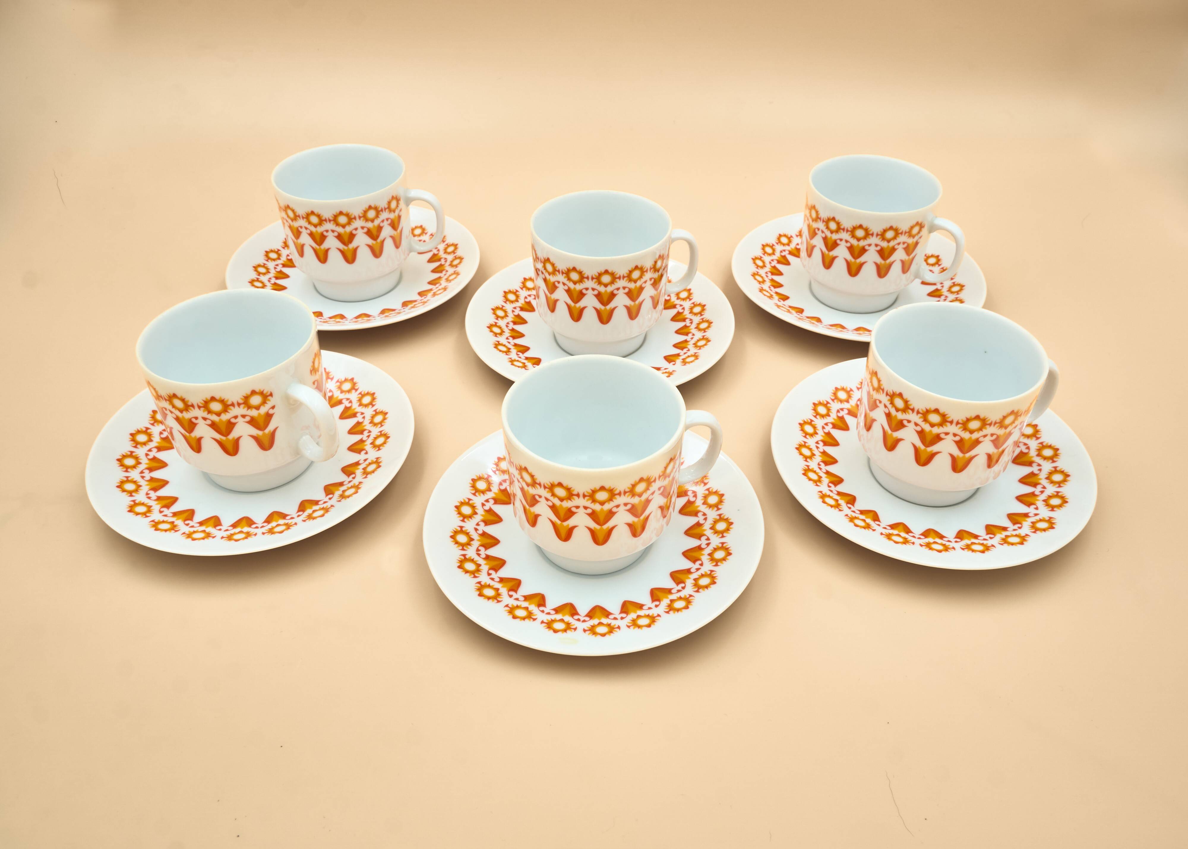 6 Midcentury Porcelain Coffee Cups & Saucers, EPIAG, Czechoslovakia
