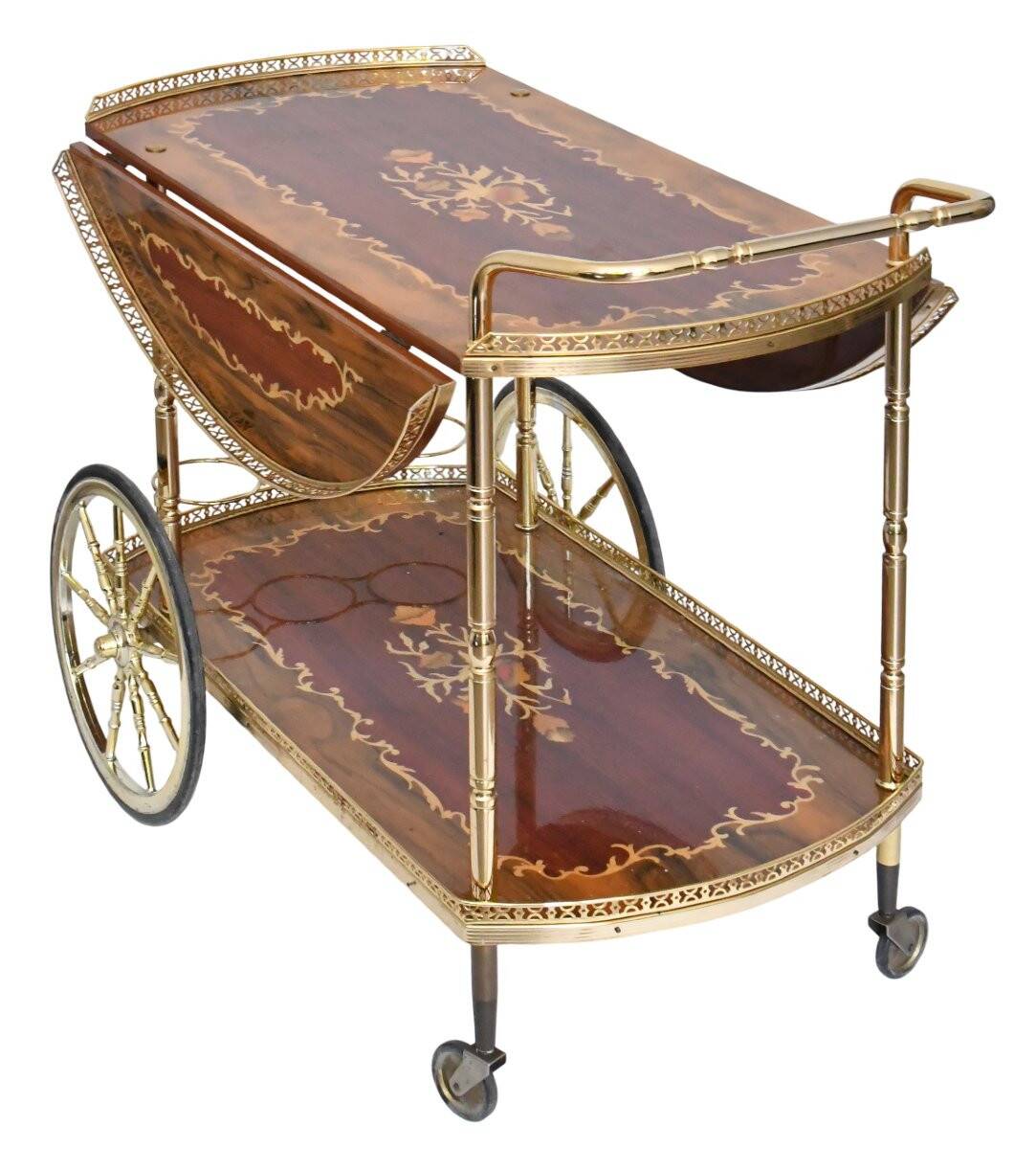 Serving table and rolling bar with drop leaves featuring floral marquetry decoration.