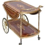Serving table and rolling bar with drop leaves featuring floral marquetry decoration.