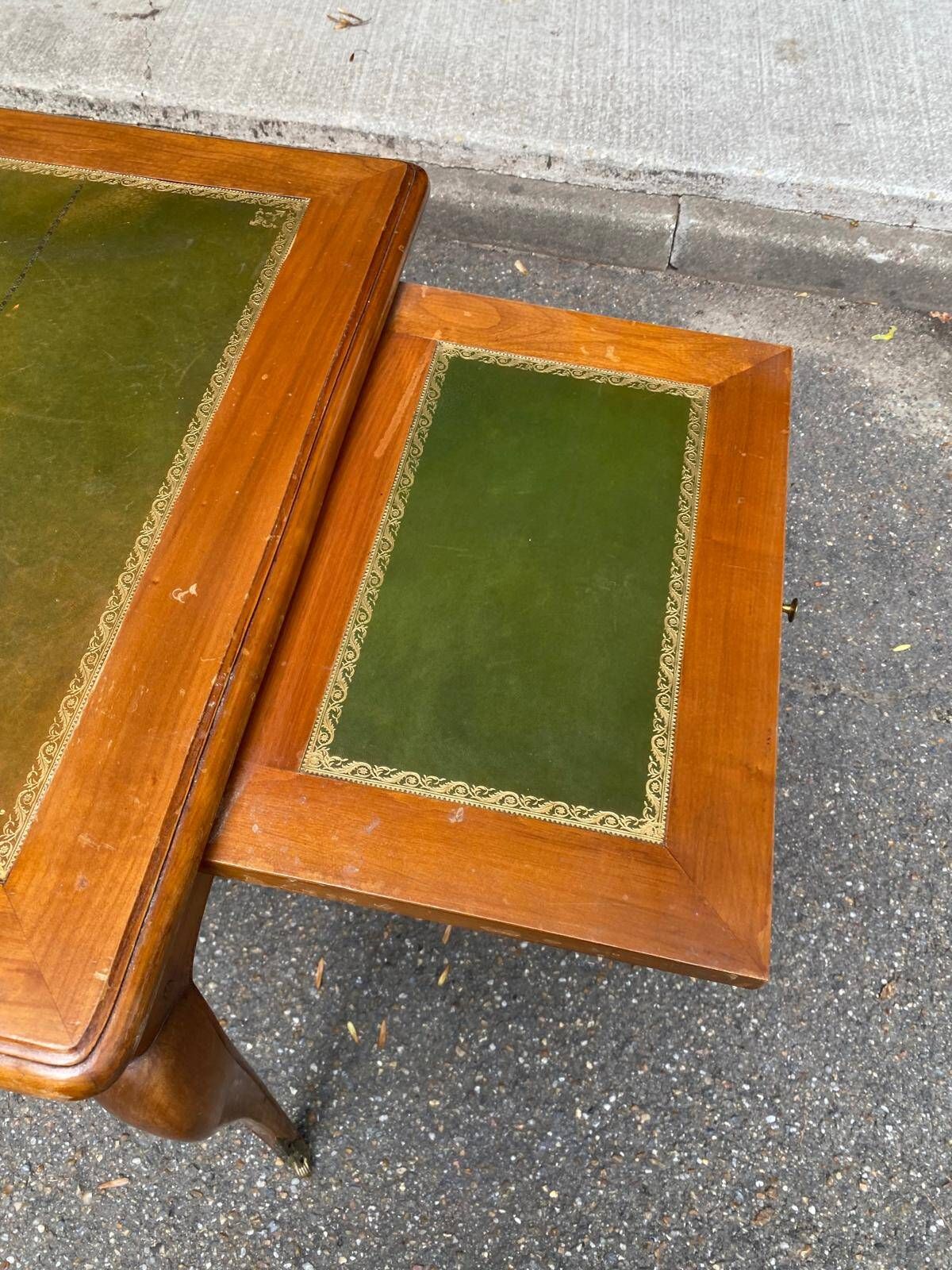 Louis XV style flat desk in solid cherry wood with pull-out extensions and leather top 19
