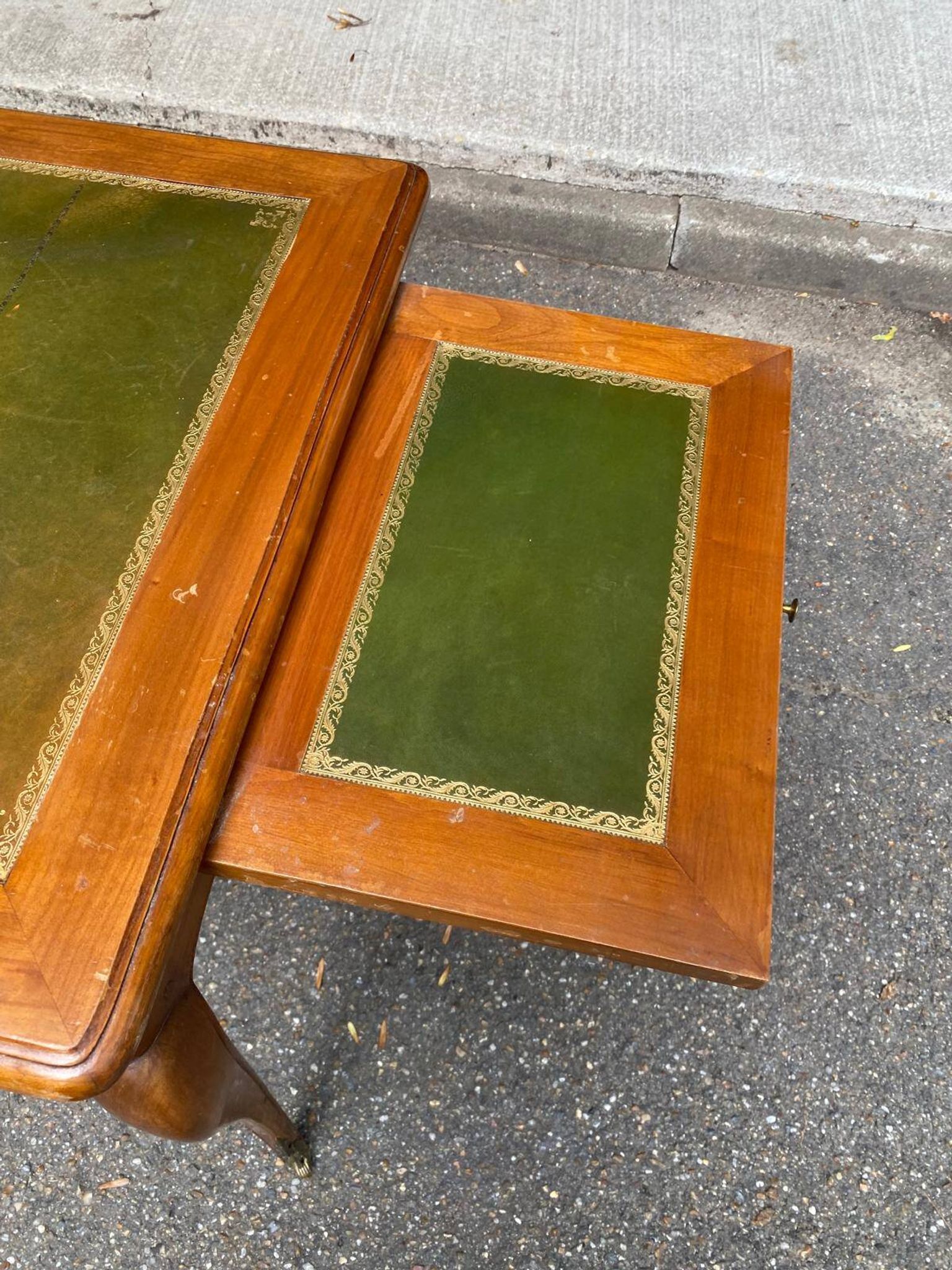 Louis XV style flat desk in solid cherry wood with pull-out extensions and leather top 19