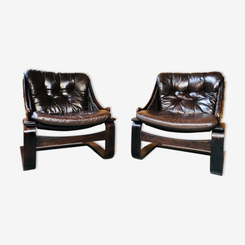 Vintage danish mid century matching lounge chairs in coco leather and rosewood (2)