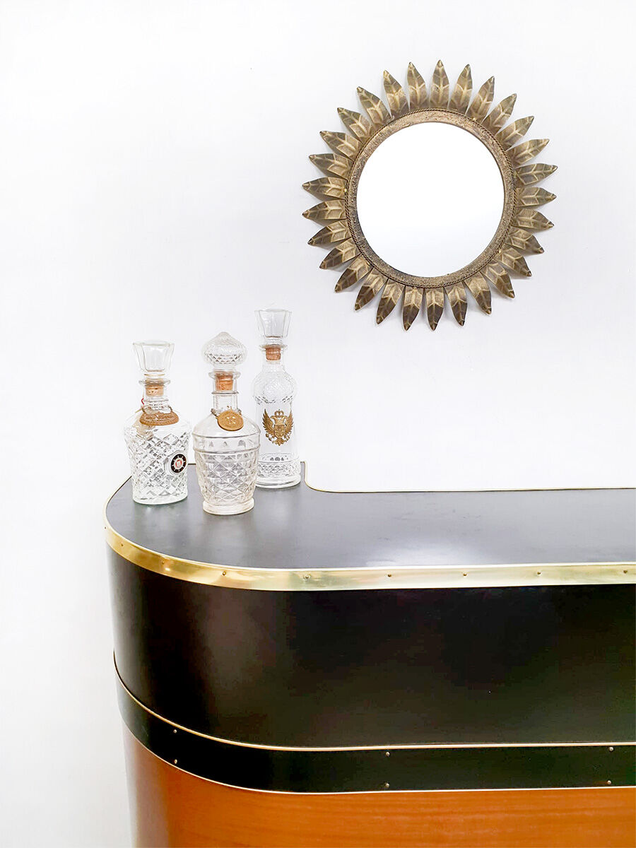Midcentury French gold gilded leaf sunburst mirror