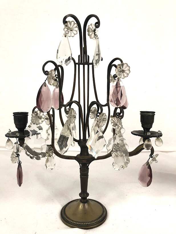 Pair of girandoles with transparent and purple tassels, 19th century